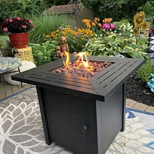 28-inch, 50,000-watt automatic ignition gas fire pit table, CSA-certified, imitation wicker wood material, equipped with a 6.6-pound stone shelf, suitable for gardens/terraces/balconies/backyards. 3