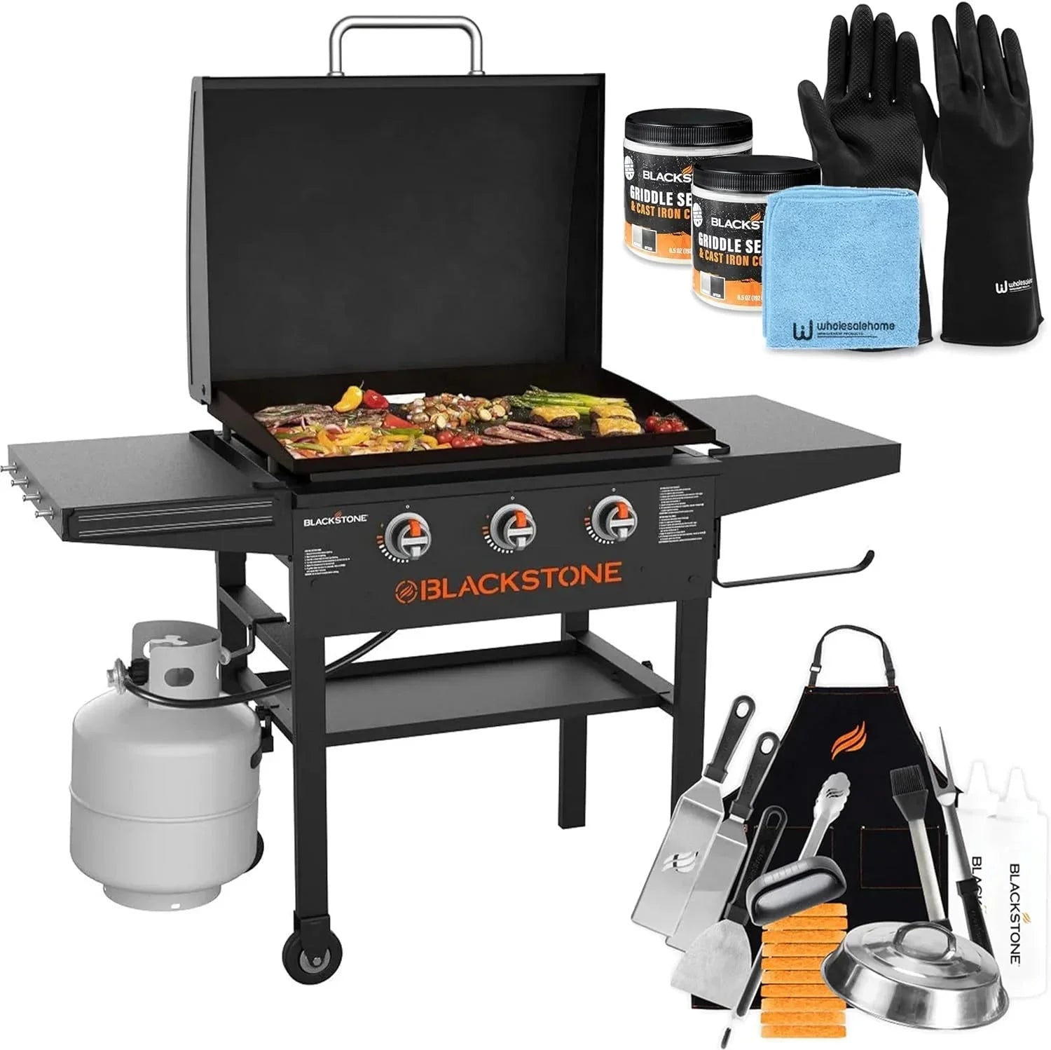 28 Inch Blackstone Griddle 2080 with Hood XL Griddle Original 3-Burner Outdoor Flat Top Grill, with Blackstone Griddle Accessories, Seasoning, and Wholesalehome Gloves and Cloth 1