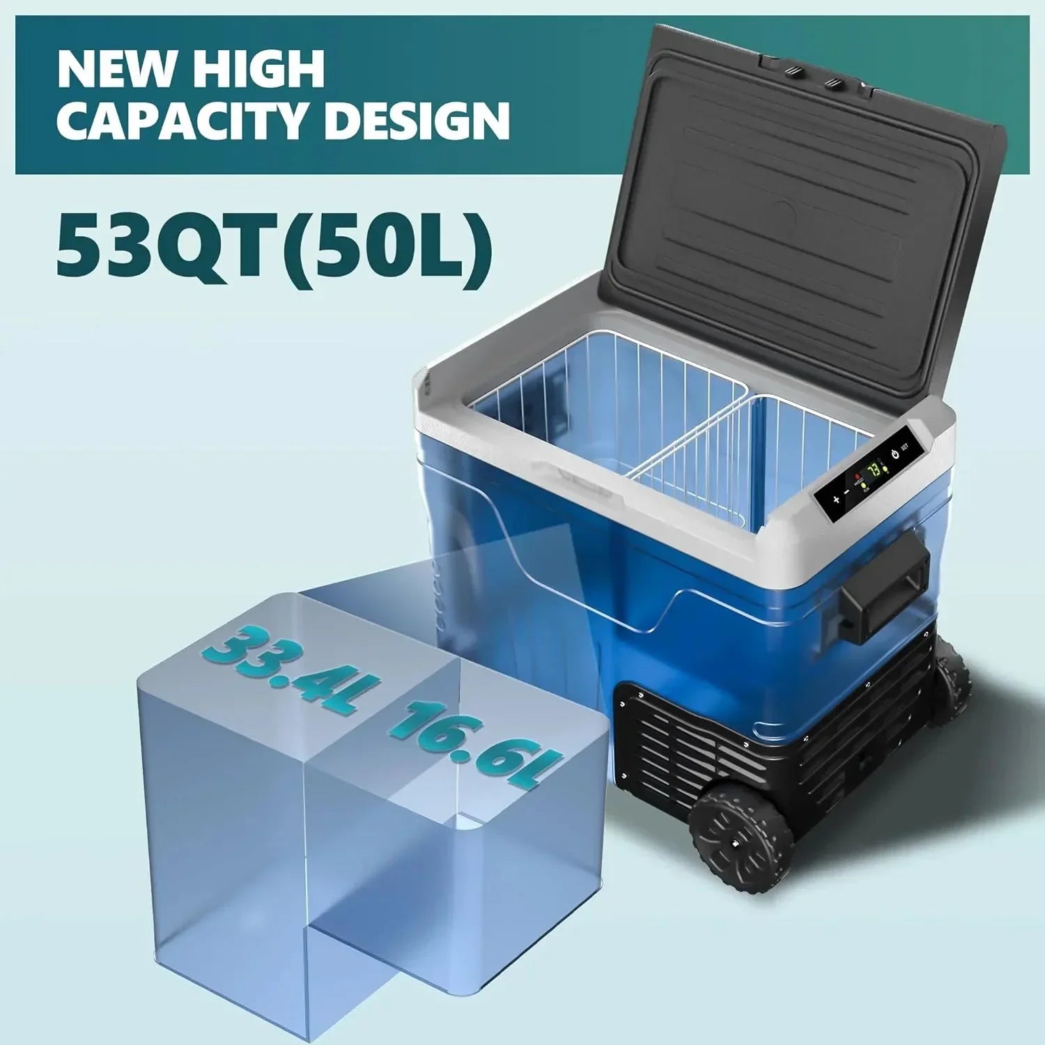 53QT Portable 12V Refrigerator Freezer, Dual Zone Electric Cooler with Wheels, 12V/24V DC & 110-240V AC for Travel, Truck, Boat, Camping 13
