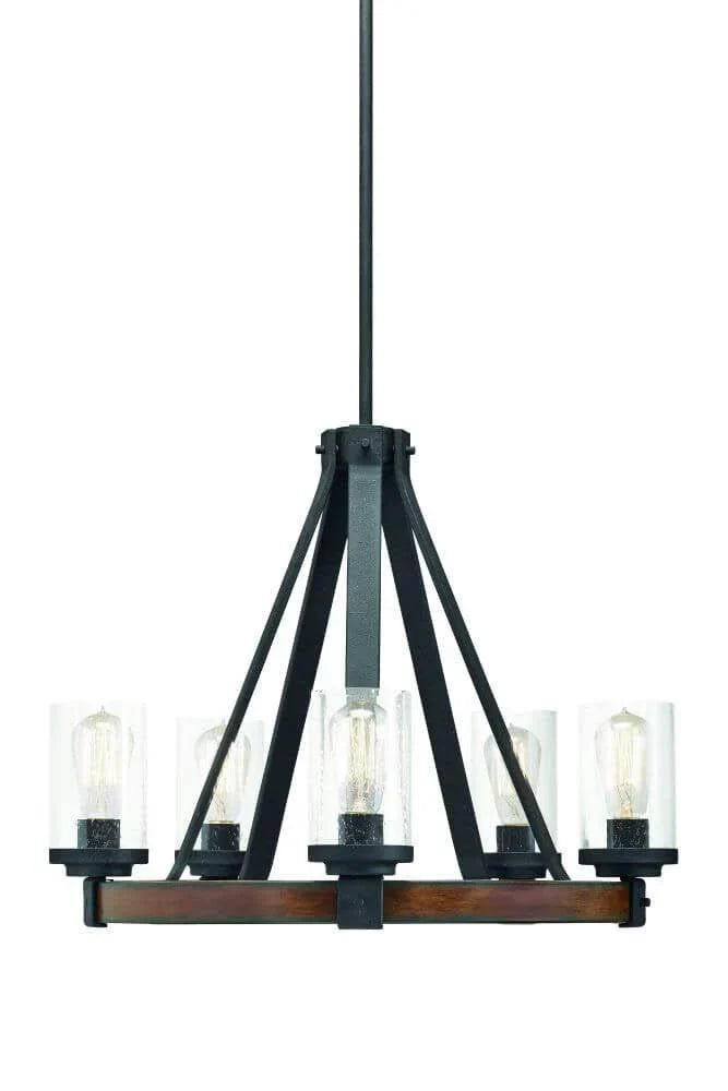 5-Light Distressed Black and Wood Tone Rustic Clear Glass Candle Chandelier 1
