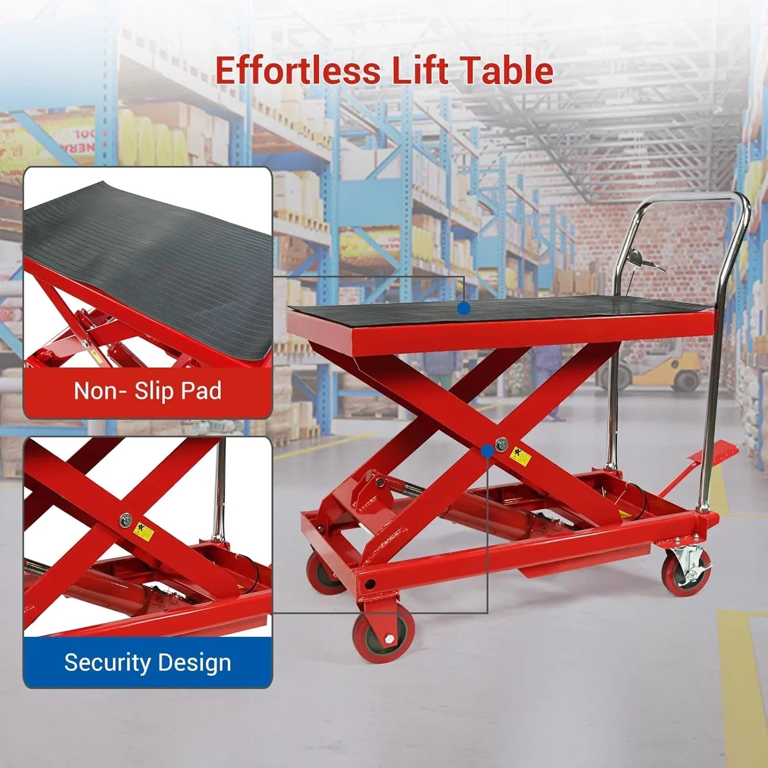 500LBS Hydraulic Lift Table Cart, 30" Lifting Height., Double Scissor Lift Table with 4 Wheels and Non-Slip Pad, Hydraulic Scissor Lift Table for Material Handling and Transportation 9