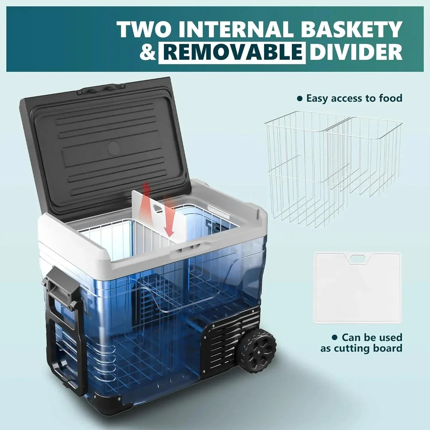 53QT Portable 12V Refrigerator Freezer, Dual Zone Electric Cooler with Wheels, 12V/24V DC & 110-240V AC for Travel, Truck, Boat, Camping 12