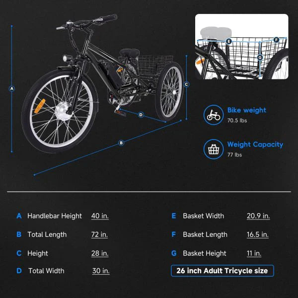 26 Inch Adult 3 Wheel Electric Tricycle with Basket, Fat Tires,7 Speeds,350W Powerful Motor, 36V 10Ah Removable Battery �� Dark Gray 2