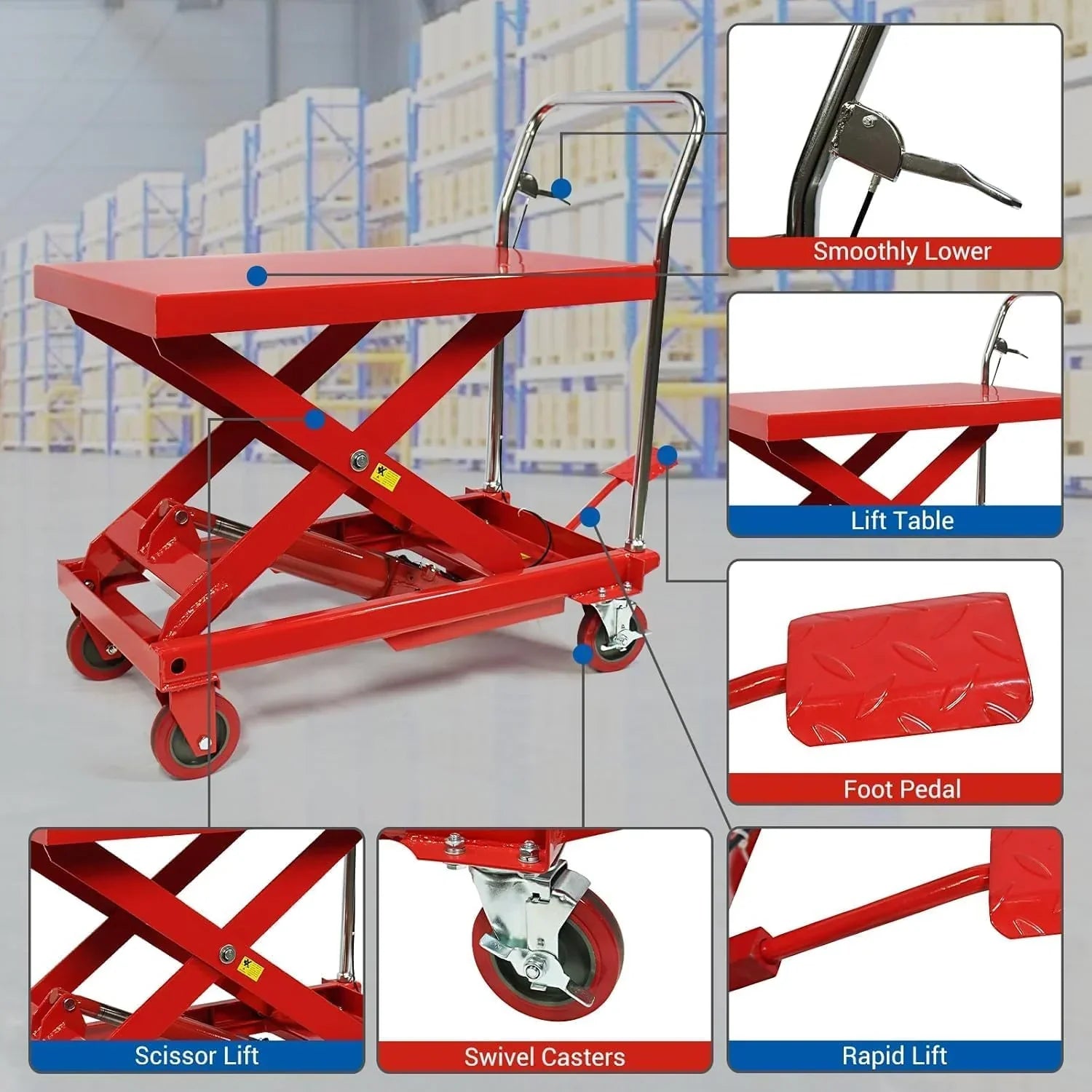 500LBS Hydraulic Lift Table Cart, 30" Lifting Height., Double Scissor Lift Table with 4 Wheels and Non-Slip Pad, Hydraulic Scissor Lift Table for Material Handling and Transportation 11