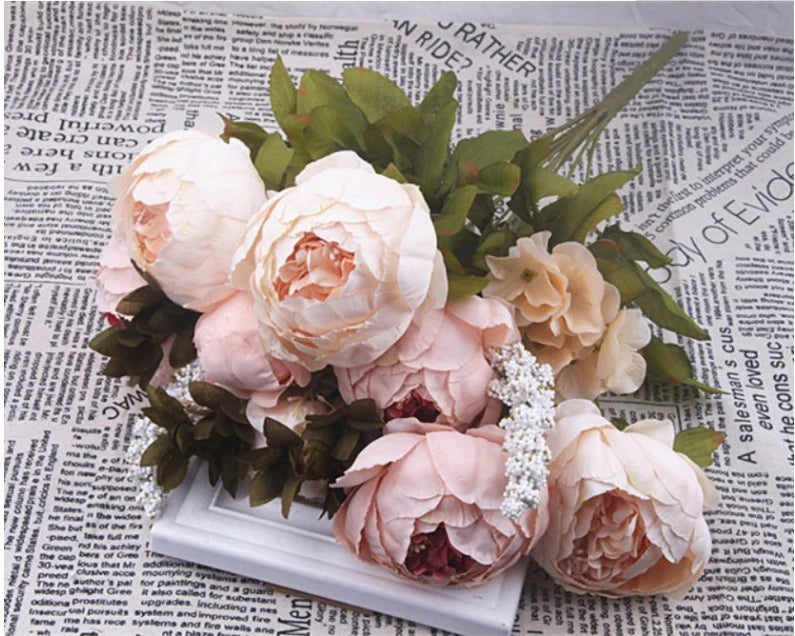13-Piece European Style Core-Spun Peony Artificial Flowers Bouquet – High-End Silk Peony Arrangement (47cm Decorative Flowers) 5