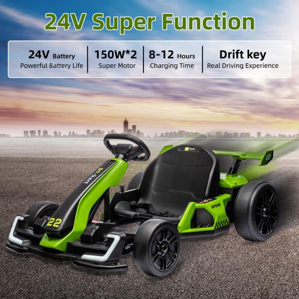 24V Electric Go Kart, with 300W Strong Motor, Drift/Sport Mode, Big Battery, Eva Tire,Length Adjustmen for Outdoor Racing Toy-Green 4