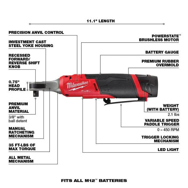 2567-22 M12 FUEL 12V Lithium-Ion Brushless Cordless High Speed 3/8 in. Ratchet Kit w/(2) Batteries, Charger and Bag 3