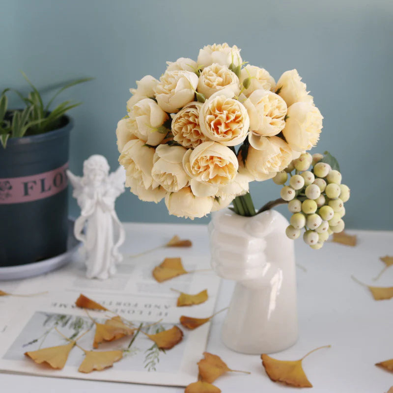 27 Head Artificial Tea Rose & Peony Bouquet – Silk Flowers for Wedding & Home Decor 5