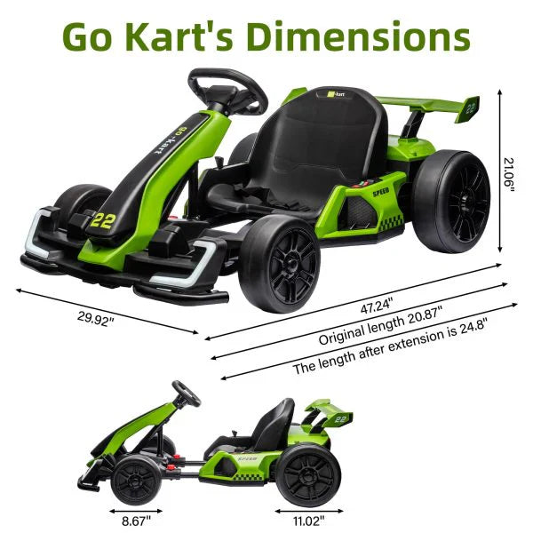 24V Electric Go Kart, with 300W Strong Motor, Drift/Sport Mode, Big Battery, Eva Tire,Length Adjustmen for Outdoor Racing Toy-Green 3