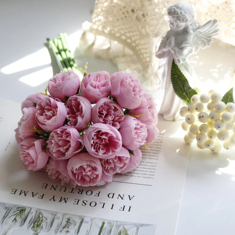 27 Head Artificial Tea Rose & Peony Bouquet – Silk Flowers for Wedding & Home Decor 7