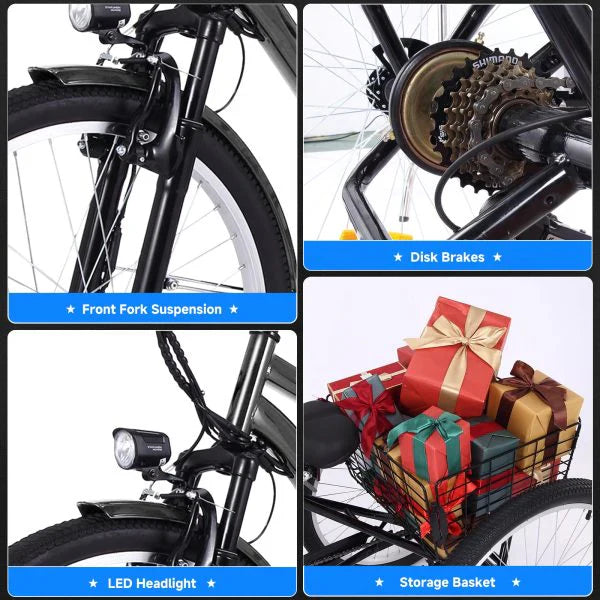 26 Inch Adult 3 Wheel Electric Tricycle with Basket, Fat Tires,7 Speeds,350W Powerful Motor, 36V 10Ah Removable Battery �� Dark Gray 6