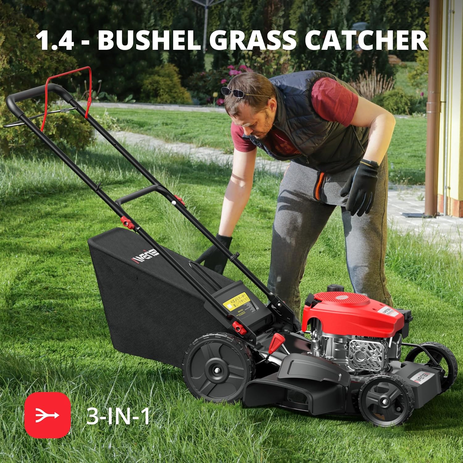 21" Steel Deck Gas Lawn Mower, Heavy-Duty 3-in-1 Push Mower, 144cc 4-Stroke Engine, 6-Position Height Adjustment, Large 1.4 Bushel Grass Catcher, Durable & Efficient for Yard & Garden 3