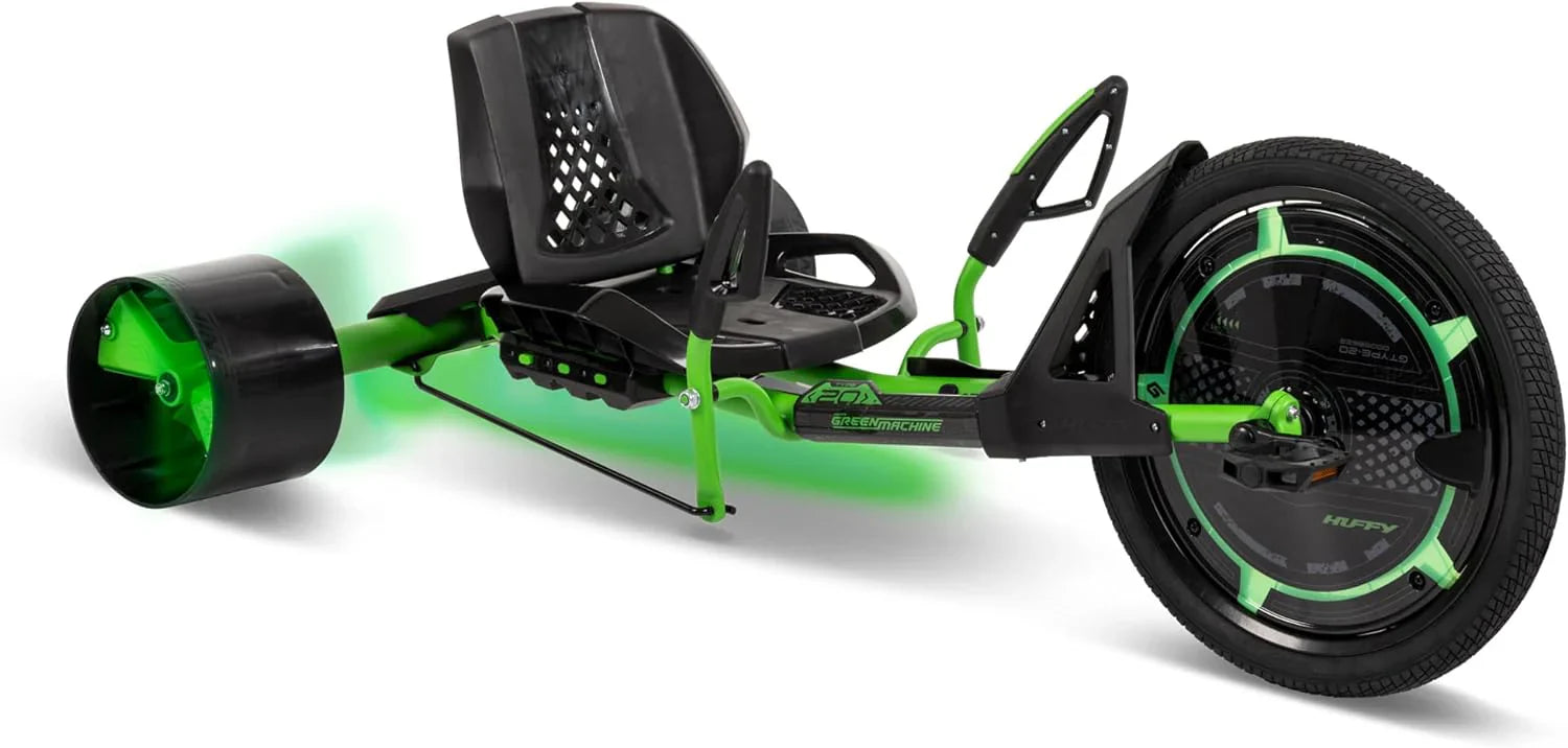 20-inch drift tricycle, with smooth lines and comfortable design, adjustable seat, sturdy steel frame, easy to operate, suitable for children over 8 years old, equipped with LED lighting and foot brakes, available in green and black colors. 1