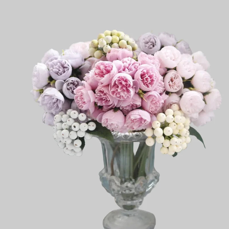 27 Head Artificial Tea Rose & Peony Bouquet – Silk Flowers for Wedding & Home Decor 1